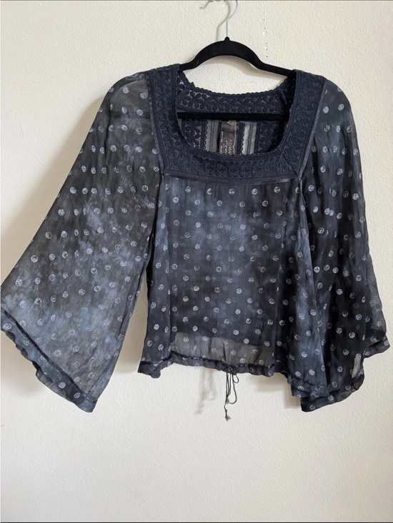 Free People Tops - Free People New Romantics Navy Blue Sheer Boho Flowy Sleeve Crochet Top S